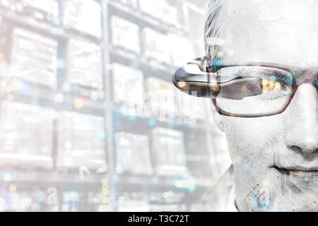 Augmented reality on smart AR glasses technology.Digital transformation disruption all industry technology , artificial intelligence concept. Double e Stock Photo