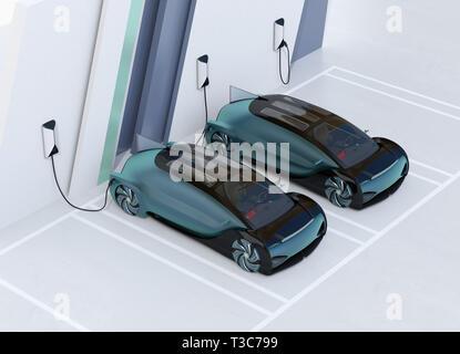 Autonomous electric cars charging in charging station. 3D rendering image. Stock Photo
