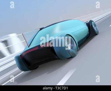 Metallic green autonomous electric car driving on highway. 3D rendering image. Stock Photo