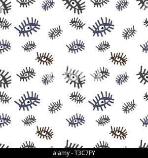 Eyes - Seamless pattern. Many eyes with big eyelashes, scribbles. Handmade abstract seamless pattern on white background. Stock Vector
