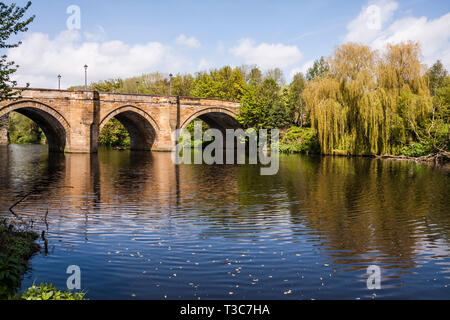 A scenic view of the River Tees at Yarm  showing the  bridge and tree lined river banks Stock Photo