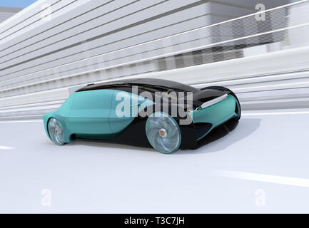 Metallic green autonomous electric car driving on highway. 3D rendering image. Stock Photo