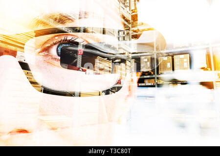 Augmented reality on smart AR glasses technology.Digital transformation disruption all industry technology , artificial intelligence concept. Double e Stock Photo