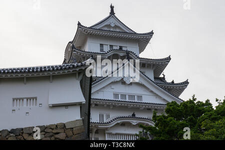 Detail of Himeji Castle Roof, Tower and walls on a clear, sunny day. Himeji, Hyogo, Japan, Asia. Stock Photo