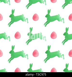 Watercolor Easter seamless pattern with rabbits and eggs on a white background. Vector illustration. Stock Vector