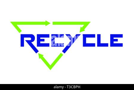 Recycle emblem with rotating life cycle or recycle arrows symbol. Hand drawn vector lettering. Isolated on white background. Design for sticker, banne Stock Vector