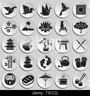 Japan related icons set on plates background for graphic and web design. Simple vector sign. Internet concept symbol for website button or mobile app. Stock Vector