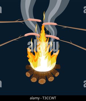 Bonfire with grilled sausages. Logs and fire. Camping, burning woodpile in night. Vector illustration in flat style Stock Vector