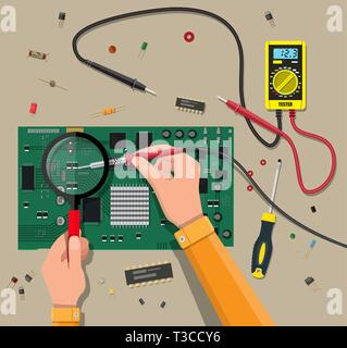 Hands of engineer with digital multimeter and soldering tool checks motherboard. PC hardware. Components for personal computer. Service, recovery, war Stock Vector
