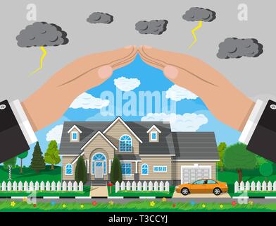 House and car insurance concept. Hands over house with car, fence, trees, sun. Vector illustration in flat style Stock Vector
