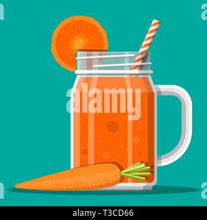 Jar with carrot smoothie with striped straw. Glass for cocktails with handle. Carrot fresh vegetable. Vector illustration in flat style Stock Vector