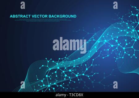 Scientific molecule background for medicine, science, technology, chemistry. Waves flow. Wallpaper or banner with DNA molecules structure, dots, lines Stock Vector