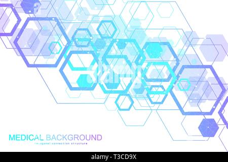 Scientific molecule background for medicine, science, technology, chemistry. Waves flow. Wallpaper or banner with DNA molecules structure, dots, lines Stock Vector
