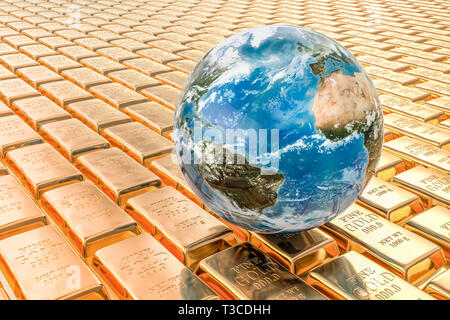 Gold ingots background with Earth Globe, 3D rendering Stock Photo