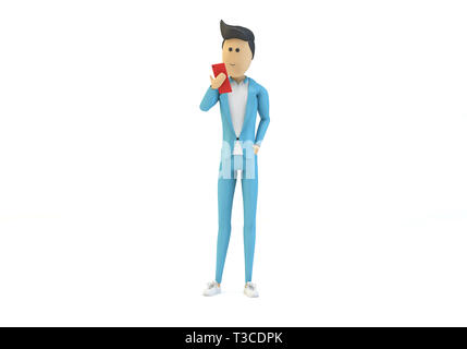 cartoon character checking his phone 3d rendering Stock Photo