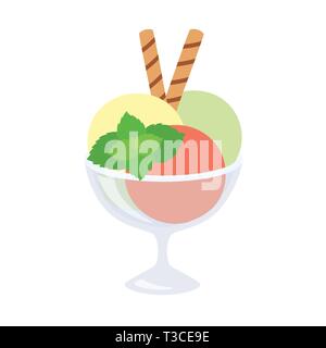 Ice cream in a glass with mint and waffle tubes Stock Vector