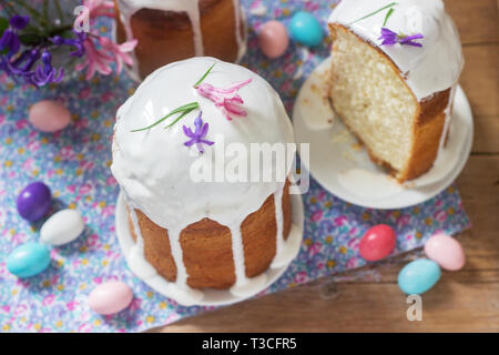 Traditional homemade Easter cake in the Easter decoration. Rustic style. Stock Photo
