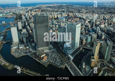 YOKOHAMA, JAPAN - APRIL 05, 2019: Panorama view at Yokohama Minato Mirai bay in Yokohama City, Kanagawa Prefecture, Japan. Stock Photo