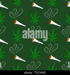 Green Cannabis Leaves Seamless Pattern.  Drug Consumption, Marijuana Use. Burning Joint. Stock Vector