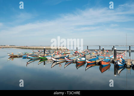 The brightly coloured traditional fishing boats in the harbour in the village of Torreira, Portugal. Stock Photo