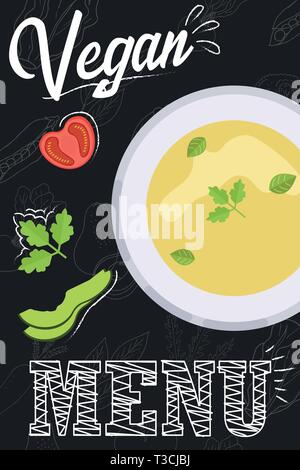 Vegan menu concept. Vegan food with ingredients in flat style. Menu concept for cafe and restaurant. Flat food on chalkboard background. Vector illust Stock Vector