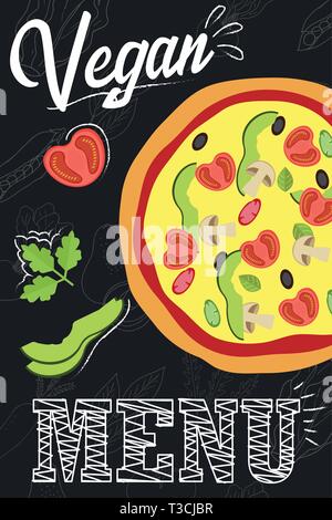 Vegan menu concept. Vegan food with ingredients in flat style. Menu concept for cafe and restaurant. Flat food on chalkboard background. Vector illust Stock Vector