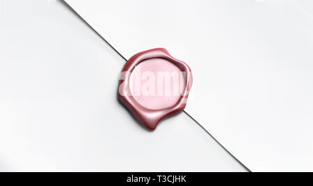 Blank red wax stamp on paper envelope mockup, top view, depth of field, 3d rendering. Empty antique waxseal for mail mock up. Clear postal symbol for  Stock Photo