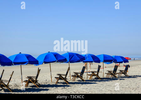 A group of blue umbrellas and beach chairs on an ocean beach. Stock Photo