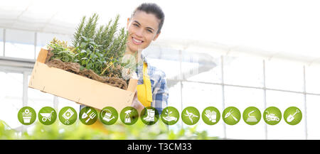 gardening equipment e-commerce icons, smiling woman with wooden box full of spice herbs on white background, spring garden concept Stock Photo