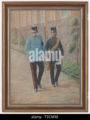 Kaiser Franz Joseph I of Austria - Arthur von Pongracz, a painting by Arthur Floeck Gouache on paper, signed and dated 'Arthur Floeck pxt. Wien 1911', dimensions of the picture 58 x 58 cm, modern frame, framed dimensions 72 x 92 cm. The emperor in a general's uniform, half a step behind him his adjutant Arthur von Pongracz. The painting was made according to the attached photograph by A. Floeck. people, 1910s, 20th century, Imperial, Austria, Austrian, Danube Monarchy, Empire, object, objects, stills, clipping, clippings, cut out, cut-out, cut-ou, Additional-Rights-Clearance-Info-Not-Available Stock Photo
