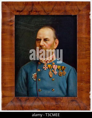 Lieutenant-Field Marshal Freiherr von Hartlieb (1819 - 1888), a portrait painting in uniform Oil on canvas and stretcher, head-and-shoulders portrait, unsigned. Von Hartlieb in Austrian uniform as Lieutenant-Field Marshal with the Grand Cross of the Order of Leopold around his neck, a four-piece medal clasp with the Order of the Iron Crown, the Military Merit Cross, a gold medal, military service badges, and the Star of the Turkish Mejidie Order on his chest. In walnut frame, on reverse an old label bearing the biographical data of FML von Hartli, Additional-Rights-Clearance-Info-Not-Available Stock Photo