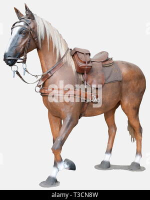 A brown life size resin horse with poney tale and mane