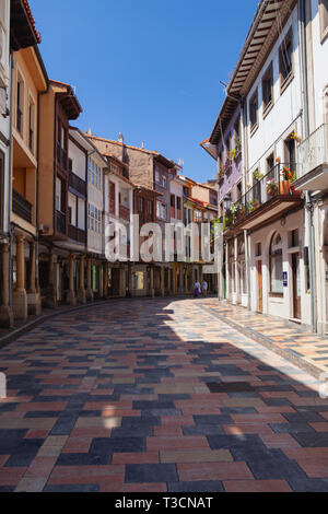 Aviles, Spain - July, 4, 2017: Arcades and columns in famous ancient city of Aviles , Spain. Aviles is with Oviedo and Gijon, one of the main towns in Stock Photo