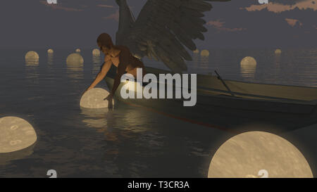 Surreal composition. Angel collects moons Stock Photo