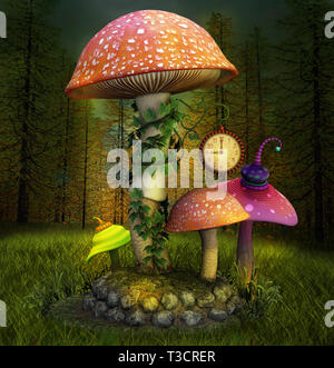 Elf enchanted place with colorful mushrooms Stock Photo