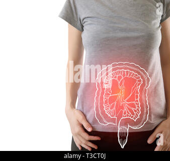 Digital composite of highlighted red painful intestine of woman / health care & medicine concept Stock Photo