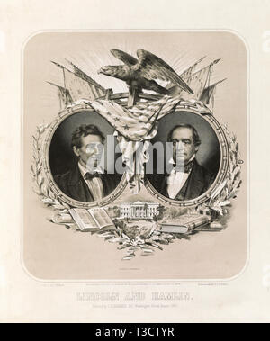 Lincoln and Hamlin, U.S. Presidential Campaign Banner for Republican Candidates Abraham Lincoln and Hannibal Hamlin, Head and Shoulders Portraits in Oval Frames Draped with American Flag and also Featuring an Eagle, White House, Bible and Book of U.S. Laws, Lithograph, C.H. Brainard, 1860 Stock Photo