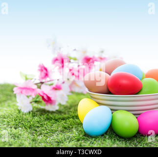 Painted Easter eggs in a bowl on green grass with DOF spring flowers in the background. Stock Photo
