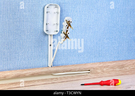 New wall euro plug socket with screwdriver on the floor. Stock Photo