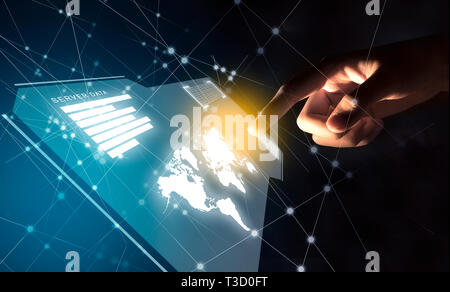 Business finger touching a virtual screen which display the interface of server data, world maps, graph and binary code with internet network backgrou Stock Photo