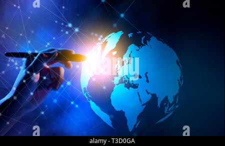 Business hand with markers touching a globe on virtual screen with internet network background. Digital technology concept Stock Photo