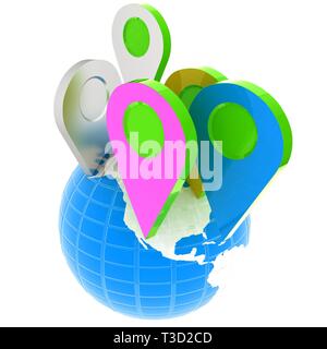 Planet Earth and map pins icon. Earth globe and colorful map labels. Modern graphic elements for web banners, websites, printed materials, infographic Stock Photo