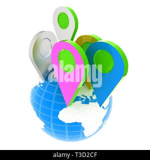 Planet Earth and map pins icon. Earth globe and colorful map labels. Modern graphic elements for web banners, websites, printed materials, infographic Stock Photo