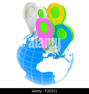 Planet Earth and map pins icon. Earth globe and colorful map labels. Modern graphic elements for web banners, websites, printed materials, infographic Stock Photo