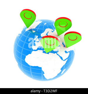 Planet Earth and map pins icon. Earth globe and colorful map labels. Modern graphic elements for web banners, websites, printed materials, infographic Stock Photo