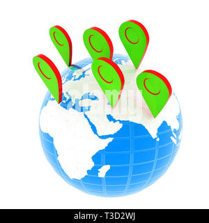 Planet Earth and map pins icon. Earth globe and colorful map labels. Modern graphic elements for web banners, websites, printed materials, infographic Stock Photo