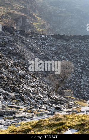 The abandoned Cwmorthin Terrace and Rhosydd Slate Quarry at Blaenau Ffestiniog in Gwynedd, Wales Stock Photo