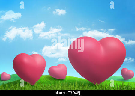 3d rendering of five big pink hearts on green sunlit meadow under blue sky with white clouds. Stock Photo