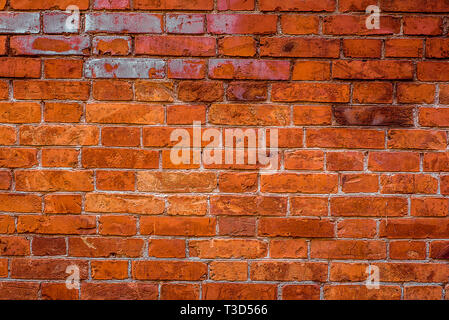 Empty Vintage From Red To Orange Brick Wall Texture. Building Facade With Grunge Damaged Stock Photo