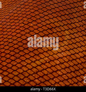 Shedow of weaved wire net on rusty metal sheet. Surface with depth of field, abstract industrial old mesh background Stock Photo